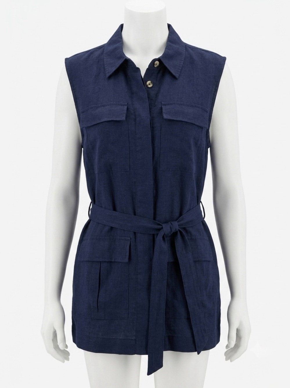 NWT FREE/QUENT Navy Blue Linen Blend Belted Waistcoat Vest | Size Large⁠